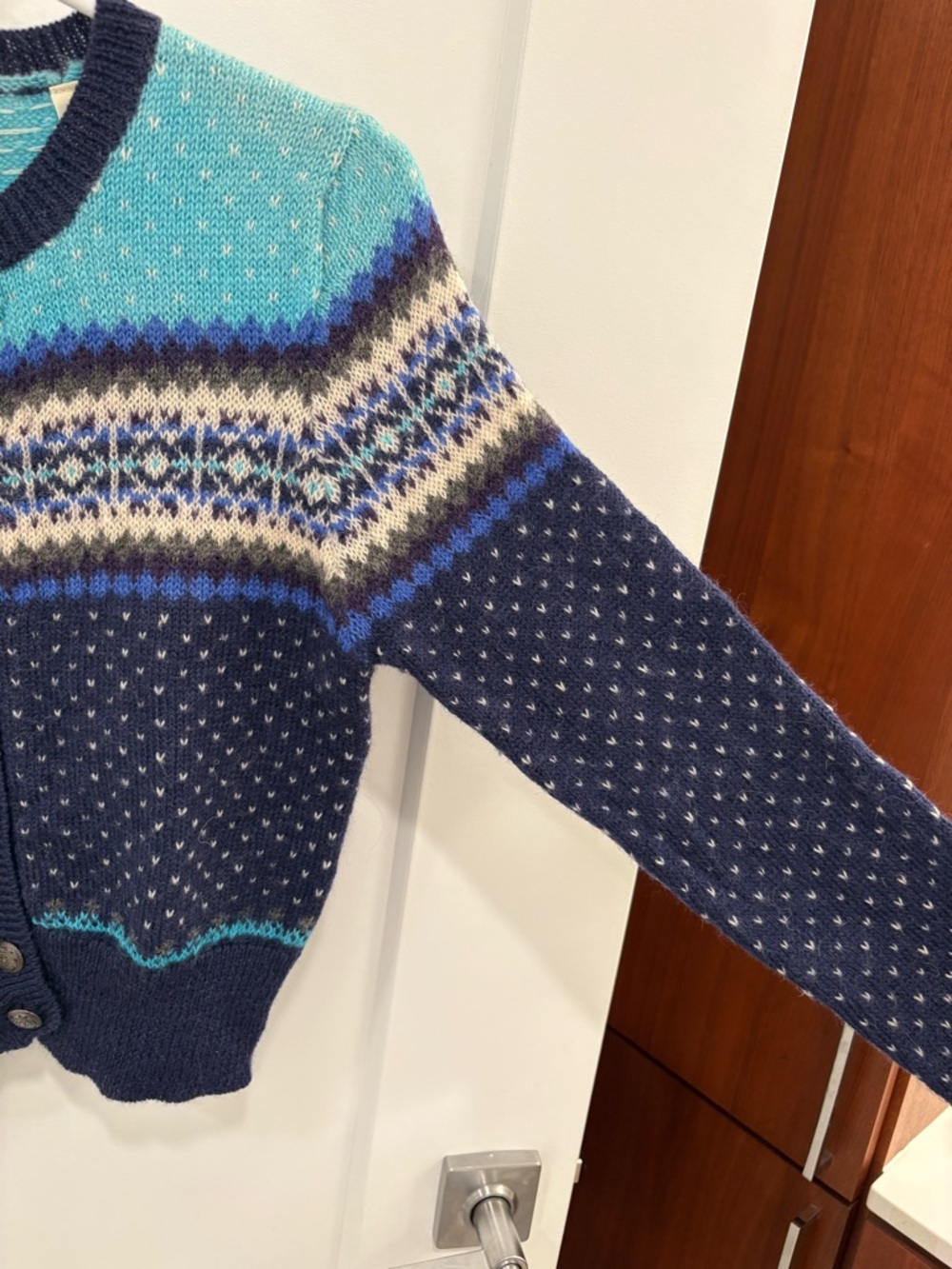 Vintage 90s Gap 100% Wool Blue Fair Isle Nordic Style Knit Cardigan Size Small - Picture 6 of 12